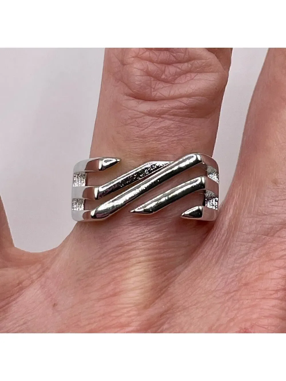 Silver Tone Wrapped Square Front Diagonal Layered Adjustable Boho Ring #1301